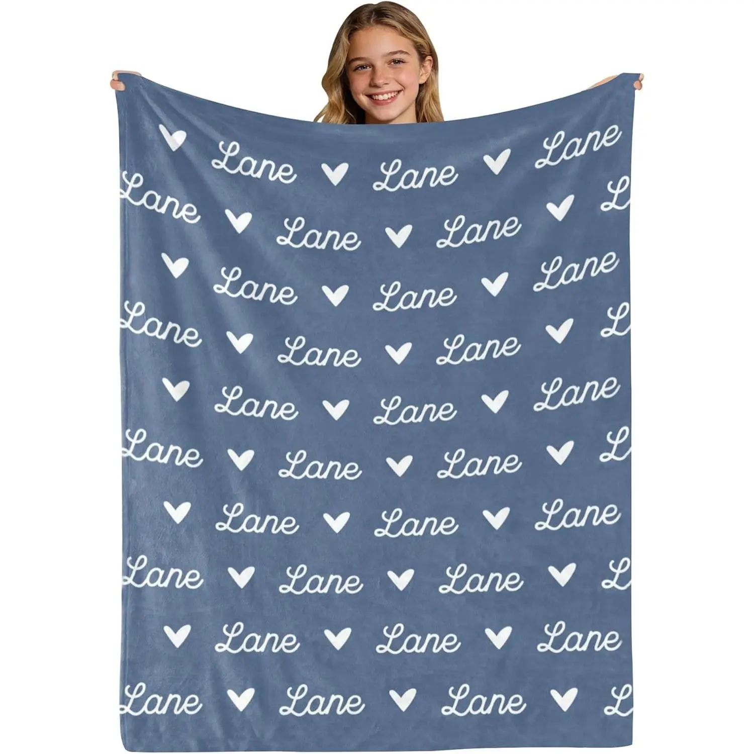 Aesthetic Minimalist Custom Name Throw Blanket - Wrinkle Resistant PVC Fabric, Soft Breathable Cozy Style, Monogram Flannel, Heart Repeat Pattern, Personalized Gift for Couples, Chic Couch Decor