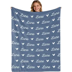 Aesthetic Minimalist Custom Name Throw Blanket - Wrinkle Resistant PVC Fabric, Soft Breathable Cozy Style, Monogram Flannel, Heart Repeat Pattern, Personalized Gift for Couples, Chic Couch Decor
