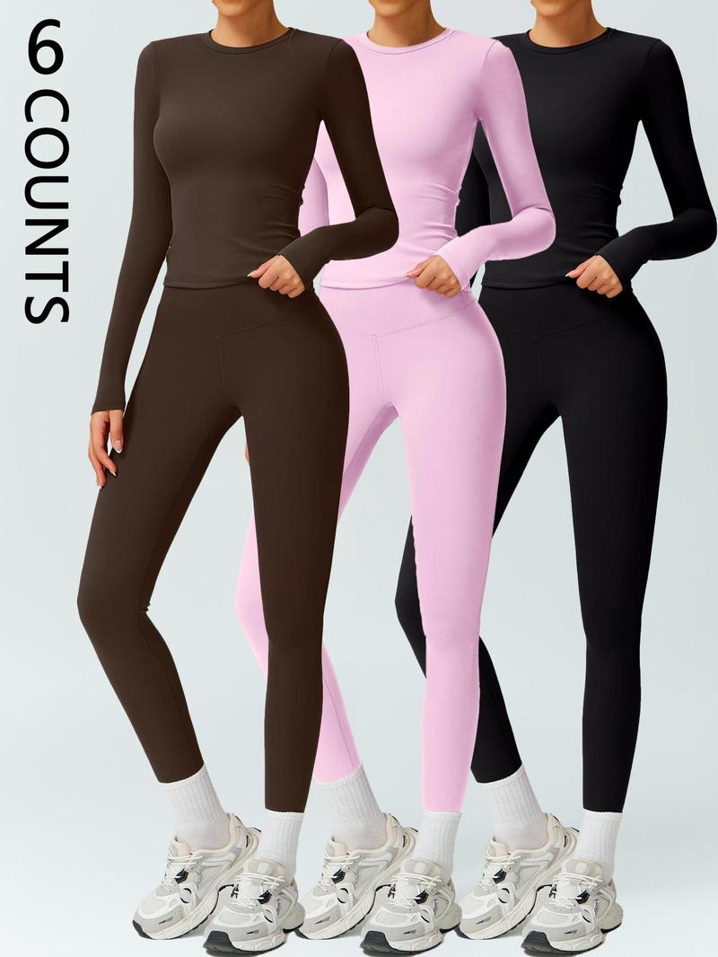 Women's Solid Long-Sleeve Tee & High-Waist Leggings Set, Sporty Round Neck Top & Skinny Pants 2-Piece Set for Gym Workout and Running, Ladies Fall & Winter Sportswear, Sports Fitness Wear