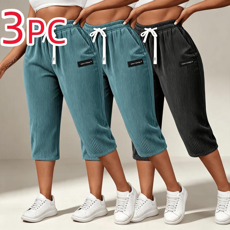 Women's 3-Pieces Solid Color Slim-Fit Sports Joggers - Female Adjustable Drawstring Waist, Lightweight Breathable Soft Skin-Friendly Casual Wear, Ideal for Universal Sport Use & Gifting