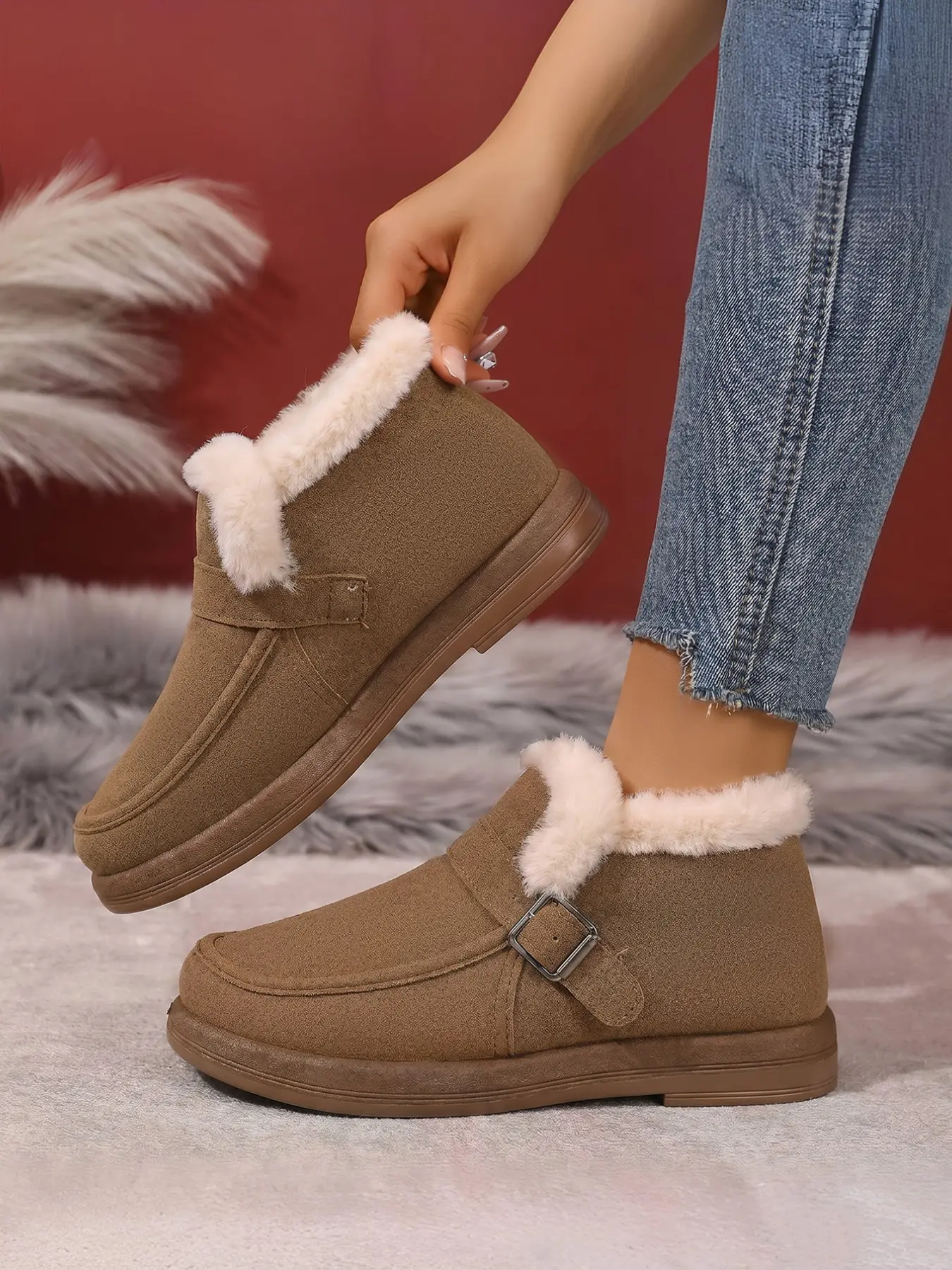 Women's Furry Trim Buckle Strap Flat Ankle Winter Booties, Slip On Low Top Warm Short Boots for Daily Shopping, Outdoor Strolls & Everyday Winter Outfits