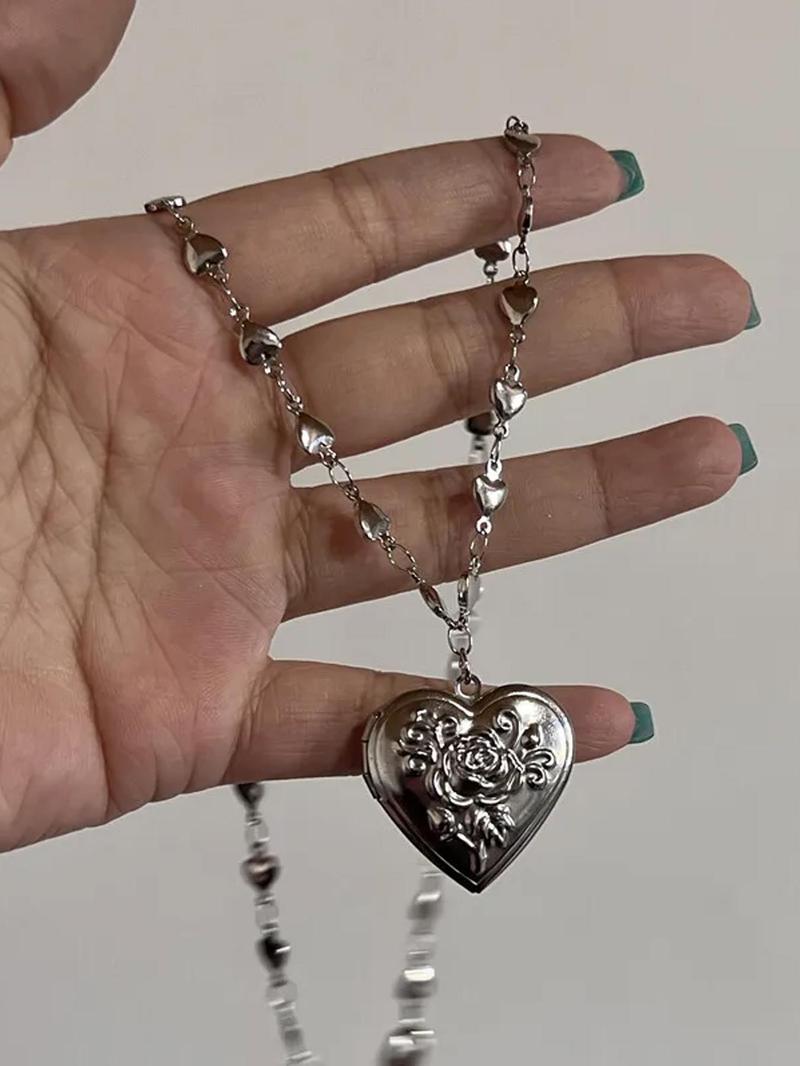 Y2K Style Stainless Steel Heart Pendant Fashion Necklace Set, DIY Photo Box Design, Trendy Party Jewelry for Women, All Season Wear