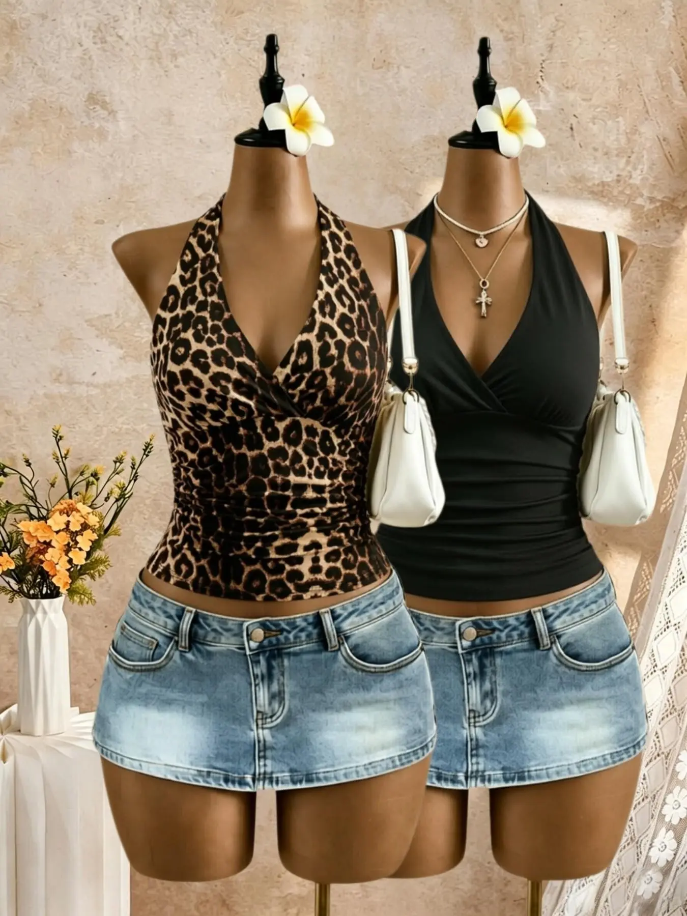European and American Leopard Print Plain Dot Casual Chic Halter Backless Tank Top Two-Piece Set, Spring & Fall Fitted Contemporary Style Fitted Silhouette