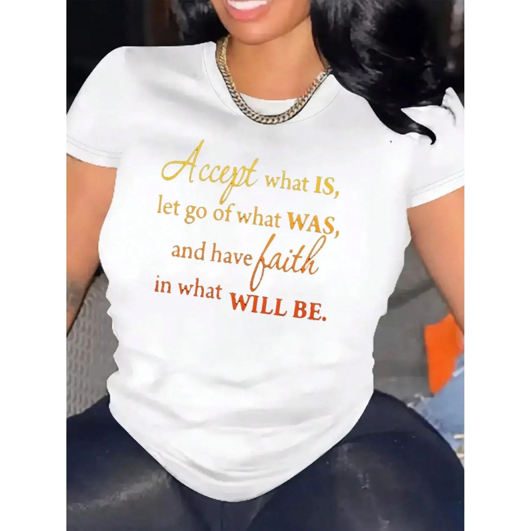 Accept What Is Let Go Of What Was Have Faith In What Will Be Gradient Script Graphic T-Shirt, Positive Affirmation Faith Motivational Viral Women’s Casual Tee, 100% Cotton 180g Unisex Inspirational Top S-3XL, Women's Graphic Tees, Viral Graphic Tees