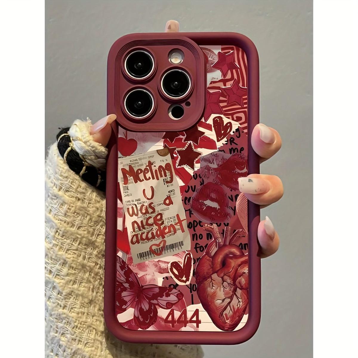 Phone case: Wine Red Base with Romantic Collage Elements Trendy Romantic Style Phone Case Compatible with iPhone 17 E Air Pro ProMax iPhone16 15 14 Plus 13 12 Mini 11 X XS XR