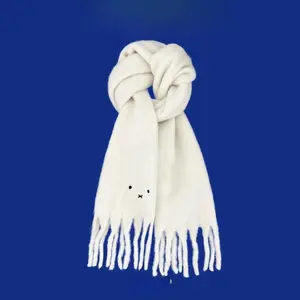 Cute Miffy Milly White Fur Knitted Hat for Girl Winter Warmth Cartoon Scarf Hat in One Piece