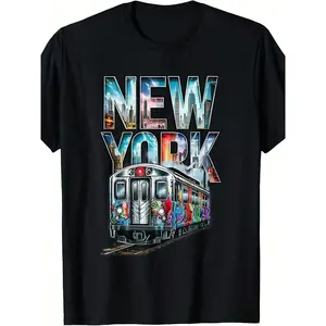 Men'S Retro New York City Subway Graphic T-Shirt - Urban Hip Hop Tee With Graffiti Art, Vintage NYC Transit Design, Regular Fit Round Neck Casual Streetwear For Men, All-Season & Statement Apparel, Vibrant Graffiti-Style Print