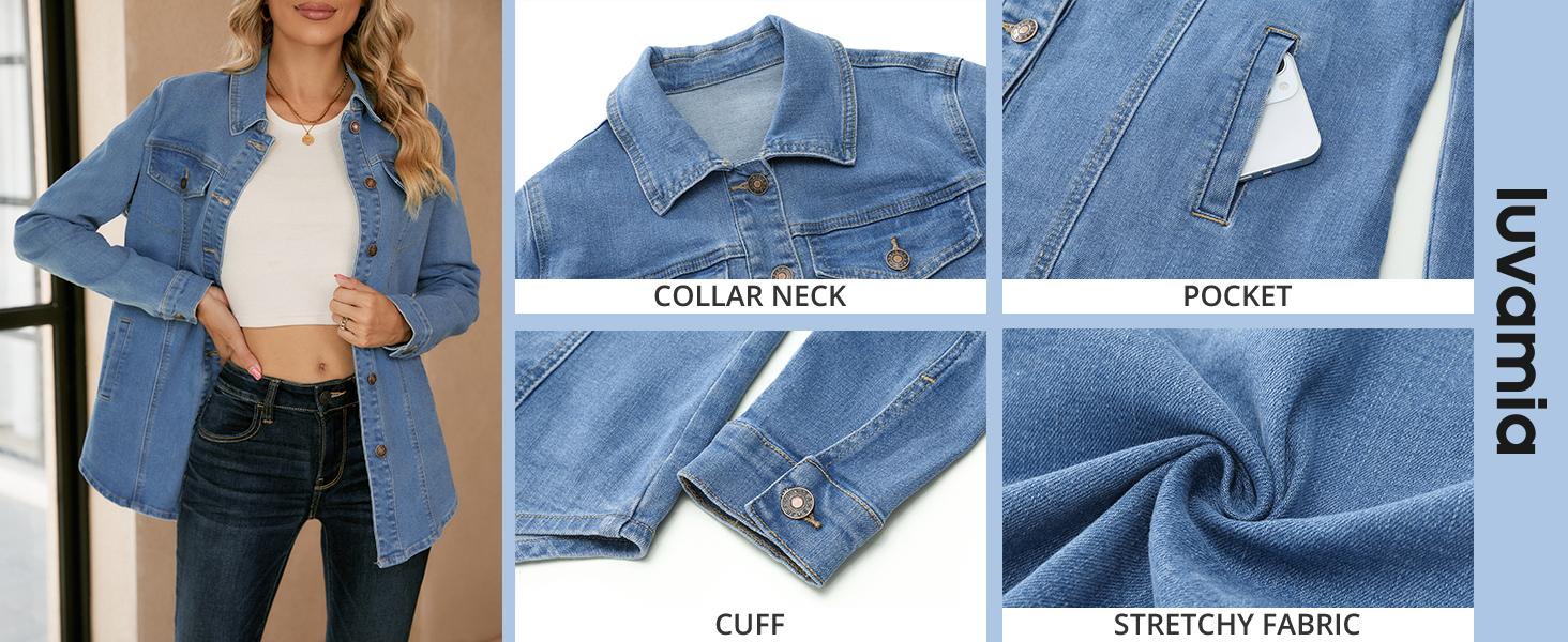 luvamia Jean Jackets for Women 2025 Fashion Denim Jacket Western Oversized Shacket Jacket Button Up with Pockets Casual Coats Outerwear Womenswear Fitted
