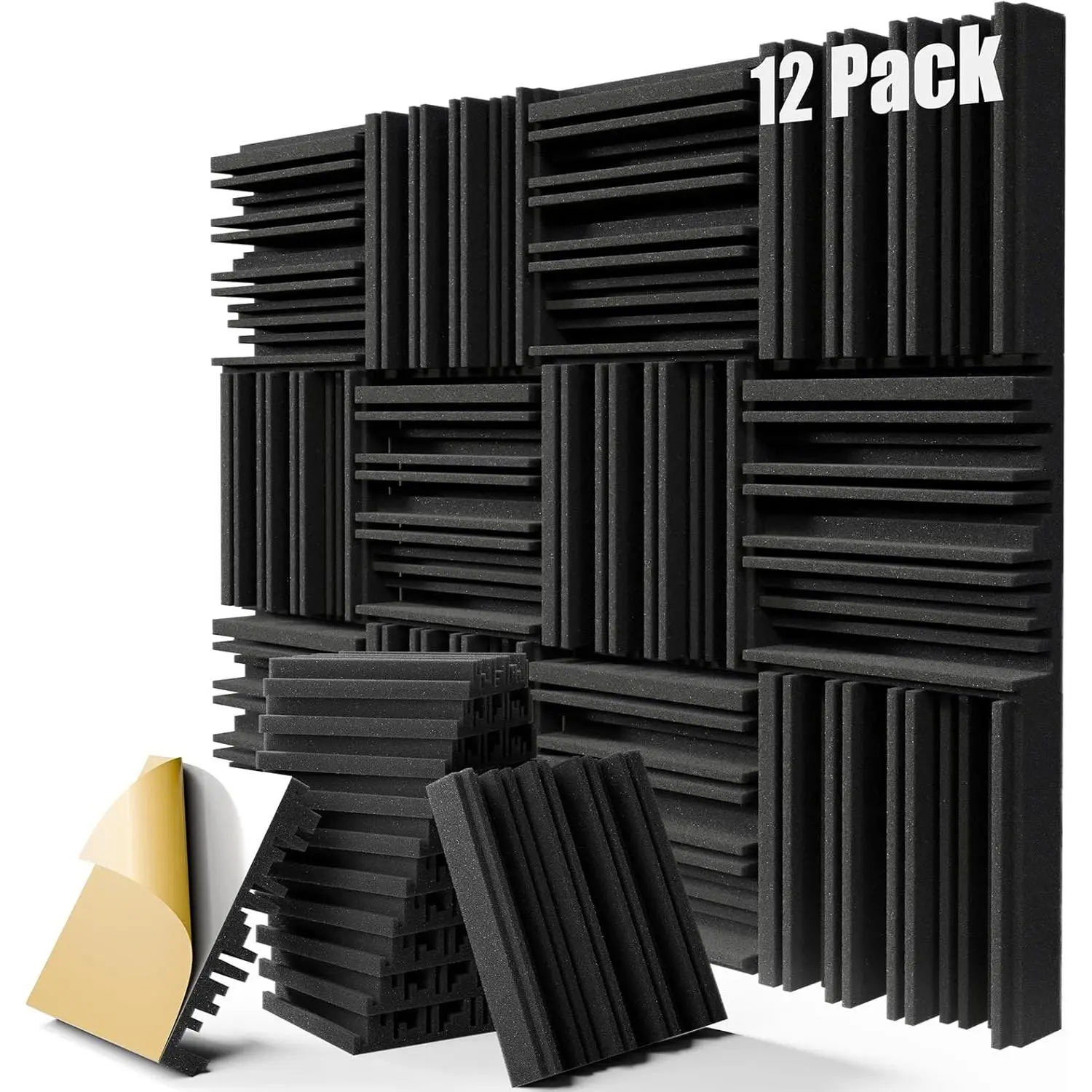 12 Pack Sound Proof  Panels for Walls, 12" x 12" x 2" Self-Adhesive Acoustic Panels, High-Density Soundproof Wall Panels for Studio  and Ceilings (Black)
