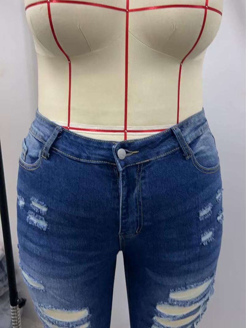 Women's Plus Size High Rise Stretchy Skinny Ankle Jeans, Butt Lifting Ripped Distressed Washed Denim, American Retro High Street Basic Style Pocket Button Pants for Daily & All-Season Wear