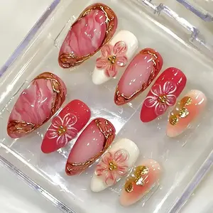 30pcs Patterned Flower Nails, 3D Floral Almond Shape, Lines, Medium Length, Detachable False Nails, Multi-Pack, Nail Art Supplies