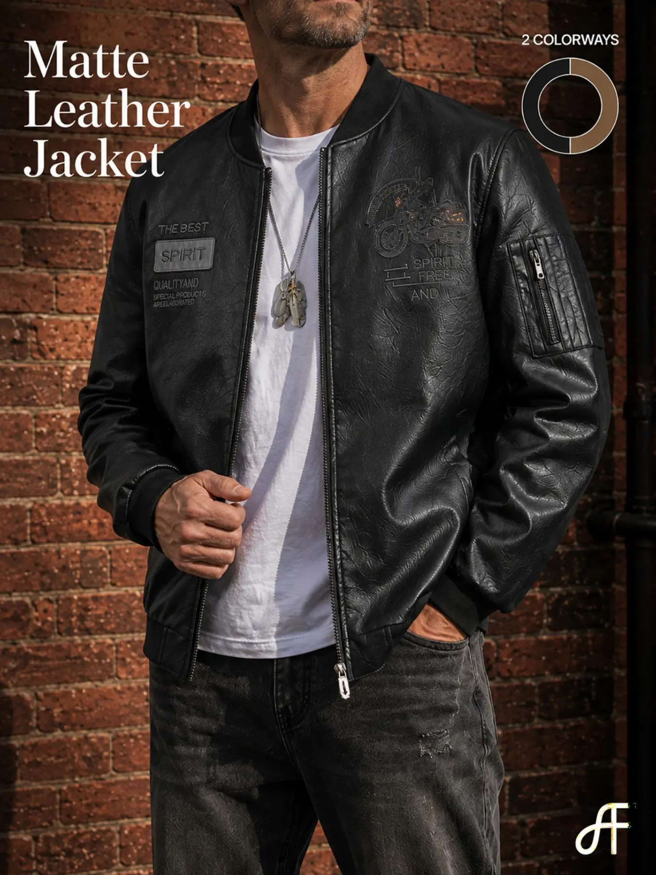 FF Men's Matte Faux Leather Jacket Graphic Embroidered Moto Biker Flight Coat Windproof Fall Outerwear for Motorcycle Riding Streetwear Daily