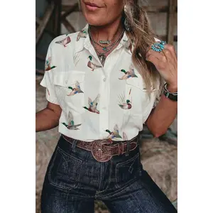 White Mallard Printed Button Flap Pocket Short Sleeve Shirt
