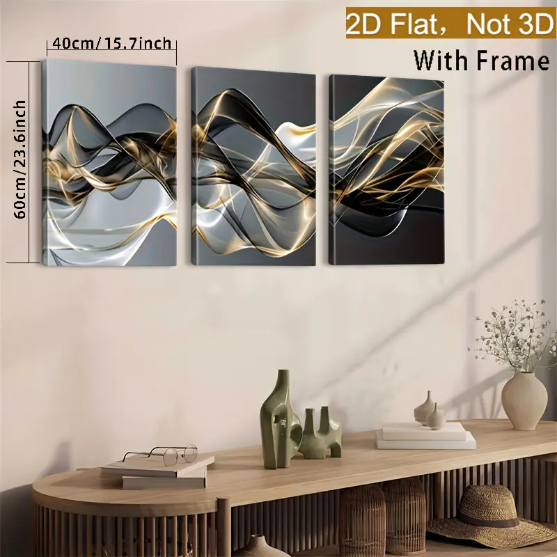 2D flat wooden frame canvas decoration, 3-piece framed modern abstract print wall art in gold and black and white lines, large size canvas poster for living room, hallway, bedroom, large art paintingCanvas Wall Art