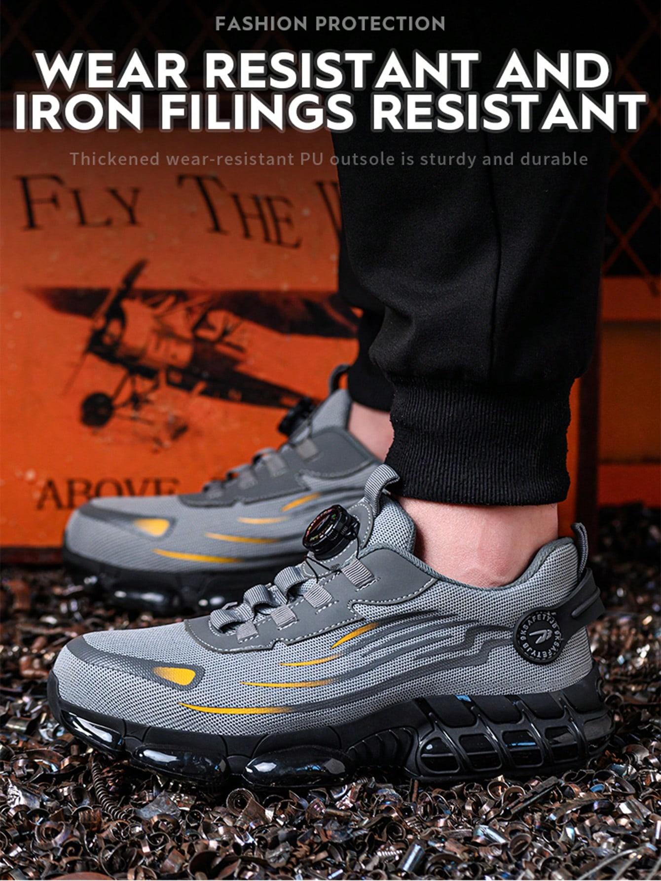 Unisex Anti-Smash Safety Shoes, Steel Toe Caps, Anti-Slip, Breathable,Industrial Construction Sports Rotatory Lace-Free Casual Hiking Shoes Black Gray