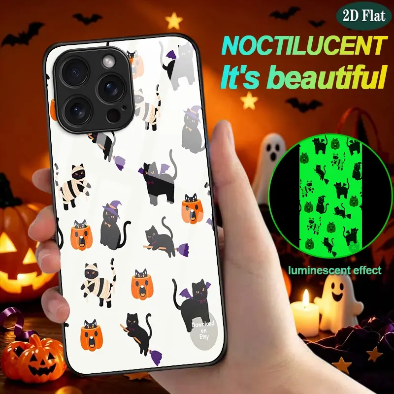 2D Flat Halloween-themed skull and black cat glow-in-the-dark glass phone case for iPhone 17 Pro Max/16 Pro Max/15 Pro Max/14 Pro Max/16 Plus/13/12/Mini/11/XR/XS/SE 2020/8/7 shockproof protective cover