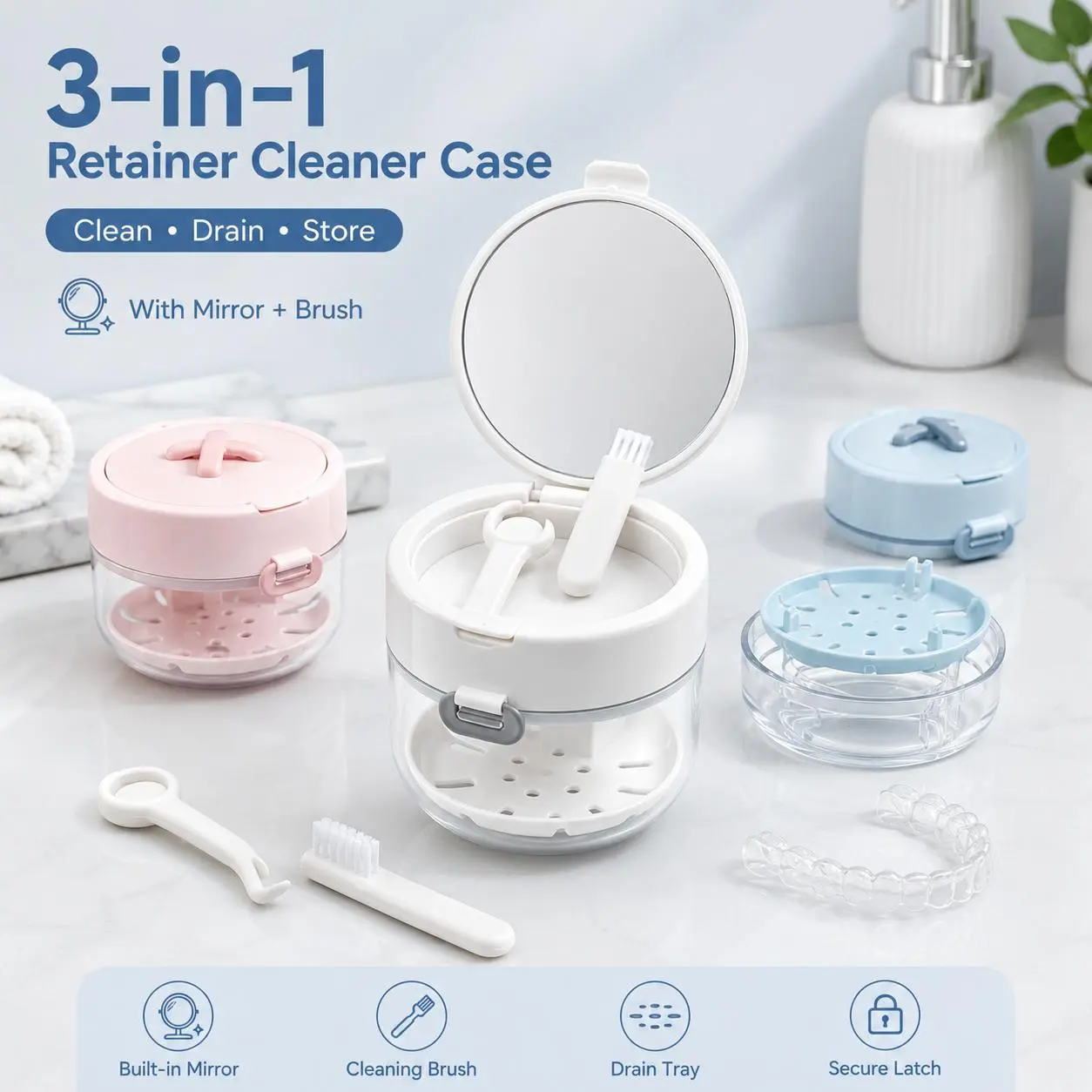 Multifunctional Denture & Retainer Soaking Storage Box with Drain Tray, Integrated Makeup Mirror and Mini Cleaning Brush, Lightweight Travel Carry Container for Daily Orthodontic Appliance Washing