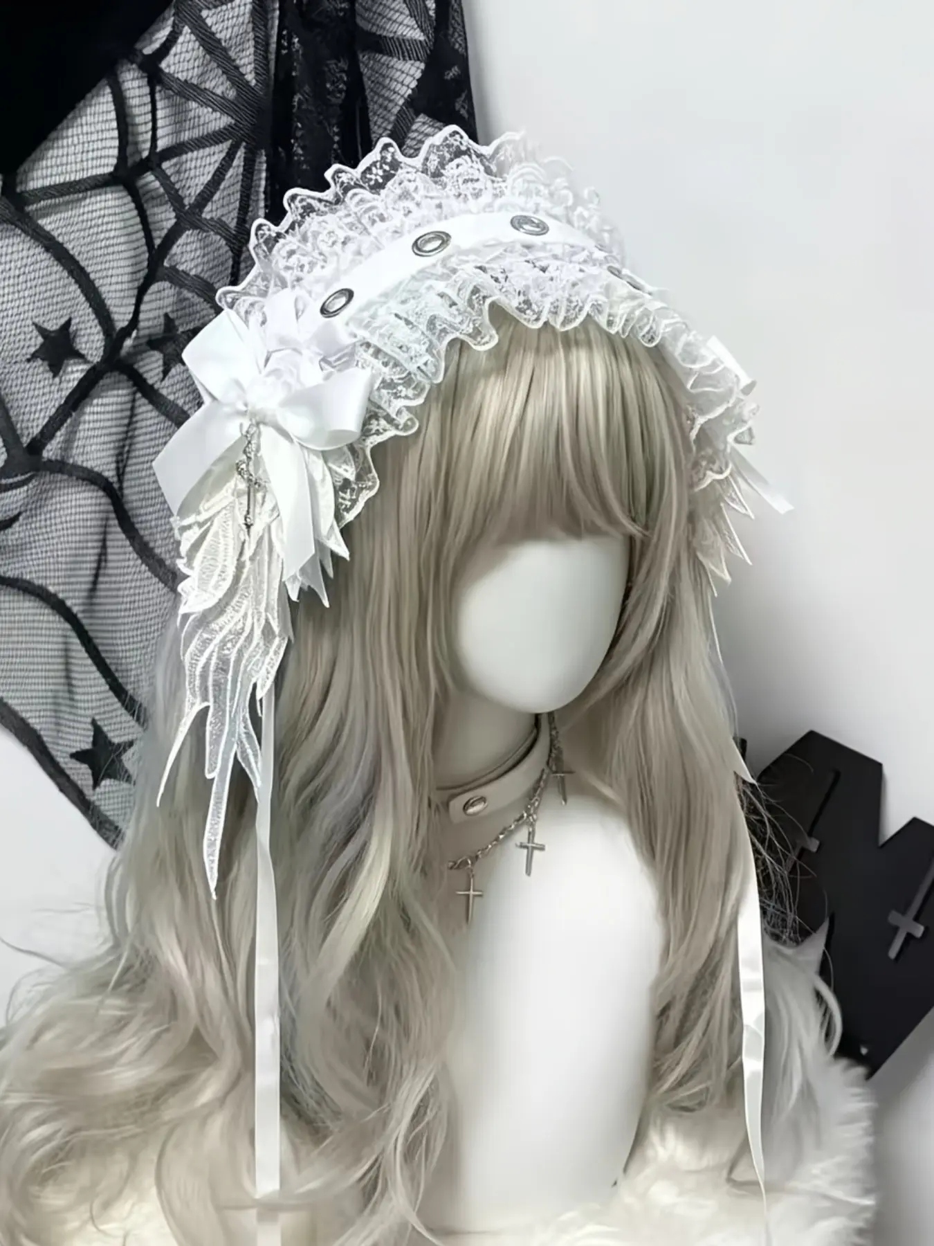 Lolita Style Wing Headband, Gothic Cross Angel Hair Accessory, Punk Cosplay Costume, Elegant Patchwork Design, All Seasons