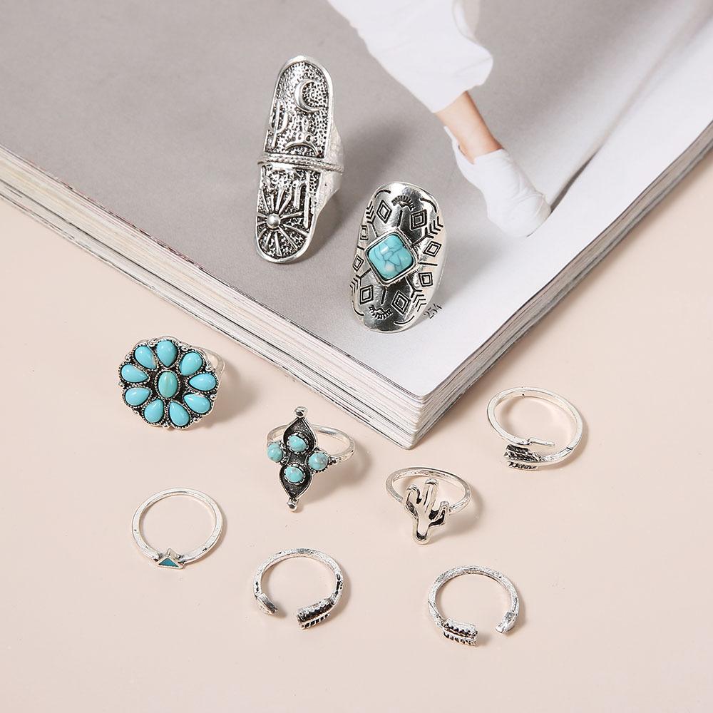 Vintage 9Pcs Turquoise Cactus Sunflower Ring Set for Women | Boho Western Style Silver Tone Alloy Stackable Rings | Bohemian Retro Statement Jewelry for Daily & Festival Wear