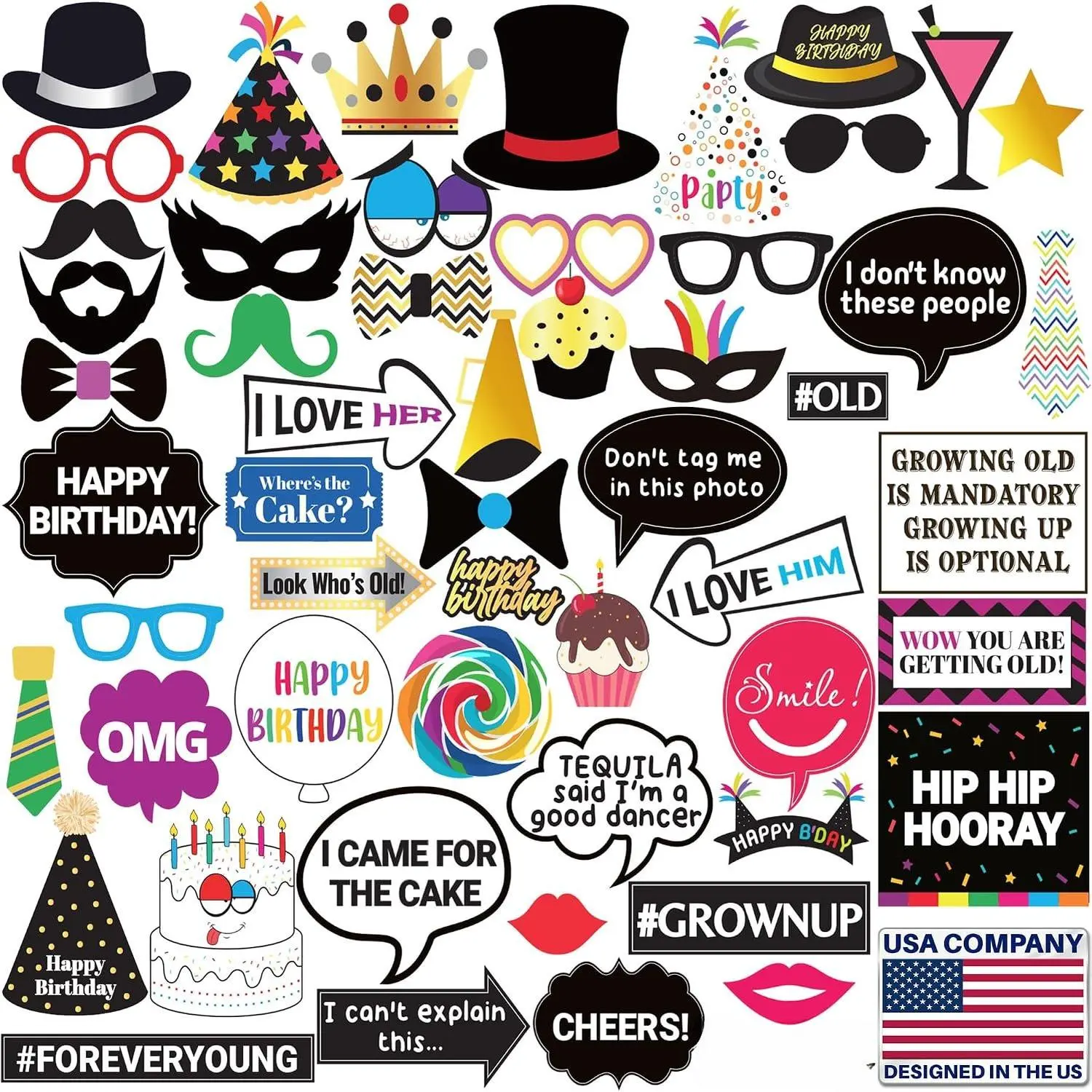 Birthday Photo Booth Props Kit - 54 count, Multicolored - Happy Birthday Party Fun Photobooth Selfie Accessories - for Adults &  - Funny Photoshoot w/ - by