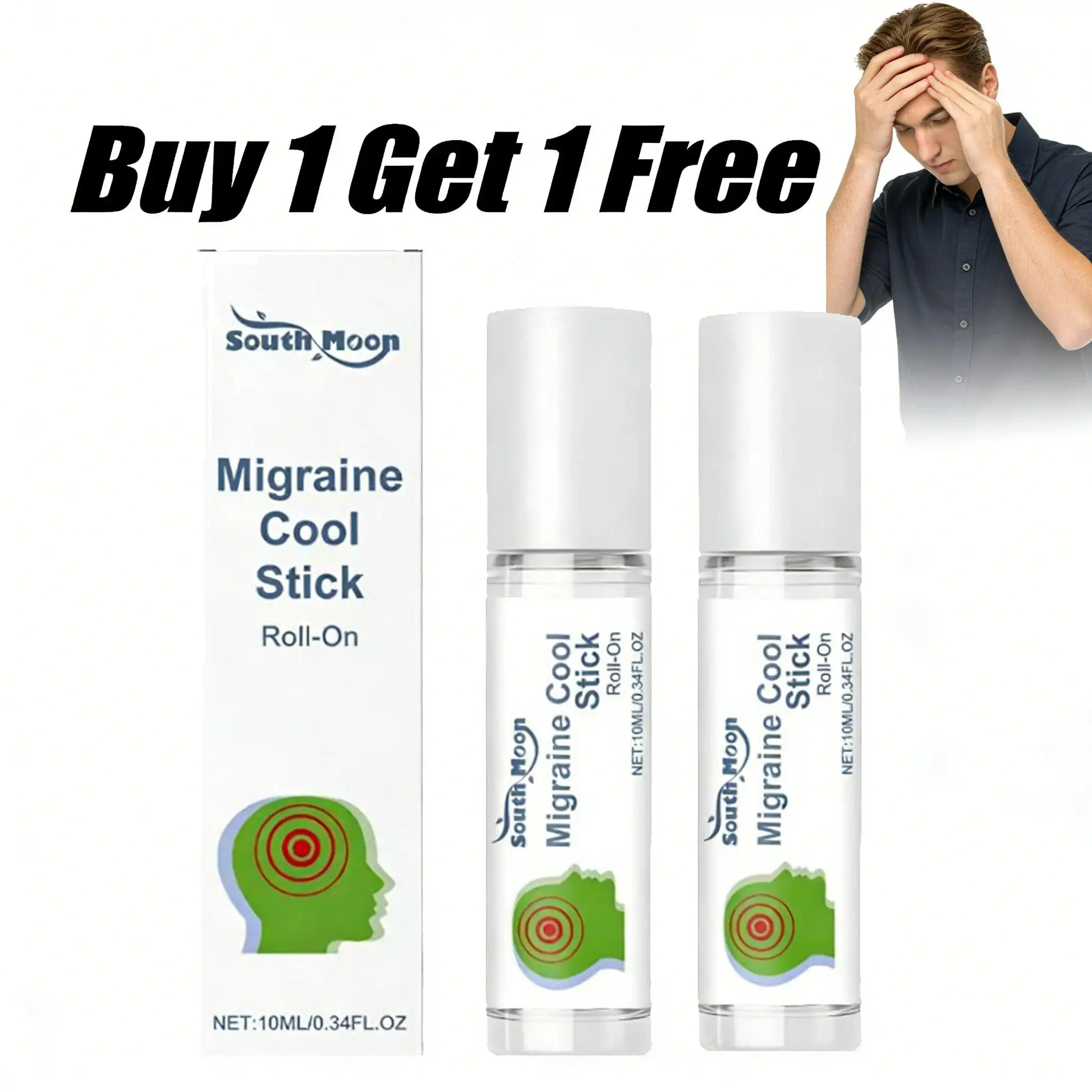 Migraine Relief Roll-On with Peppermint, Lavender, Spearmint Oils - Therapeutic Aromatherapy Cooling Solution for Headache & Vertigo, 10ml Buy 1 Get 1 Free Body & Massage Oil, Buy 1 Get 1 Free Product