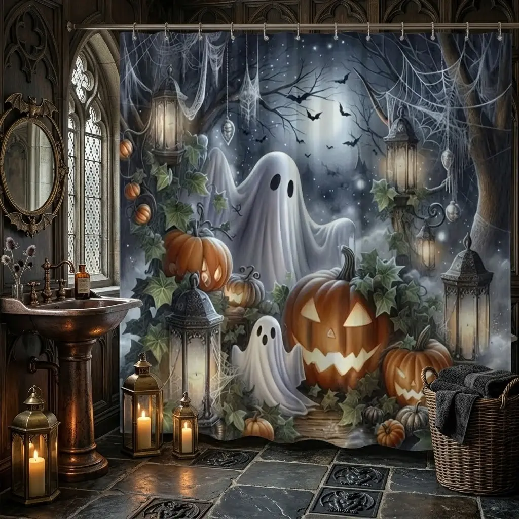 1pcs Spooky Halloween Decorative Shower Curtain, Vintage Ghost Jack-O'-lantern Pumpkin Lantern, Creepy Gothic Forest Scene, Bathroom Drape for Holiday Decor