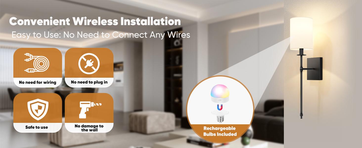 24.8in Rechargable Wall Sconces Set of 2 with Remote, Indoor Not Hardwired Dimmable Wall Lamps with White Fabric Shade, Rechargeable Wireless wall lights For Bedroom, 2 Bulbs Included