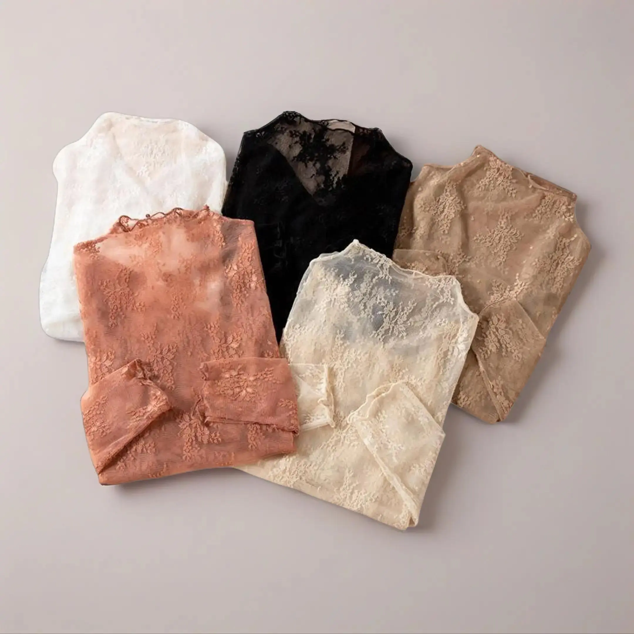 Women's 3pcs/5pcs 5-Color Chic High Neck Lace Turtleneck Blouses - Autumn Winter Delicate Floral Vintage Aesthetic Classy Feminine Long Sleeve Basic Inner Wear Shirts