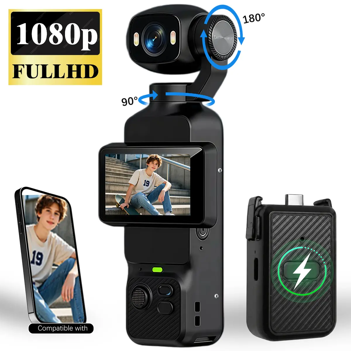 Action Camera 1080P HD Vlogging Camera with 180° Rotatable Lens, Flip Screen, WiFi Camera and LED Fill Light, Pocket Video Camera for Travel Vlogs, Selfies and Content Creators
