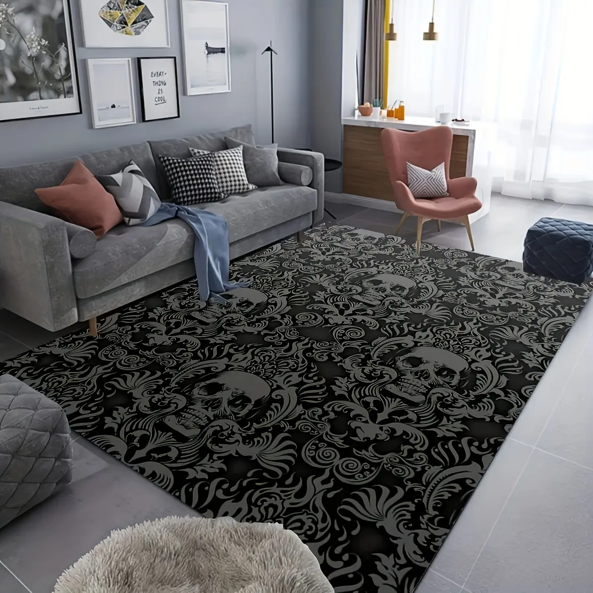 [Gothic Skull Print Carpet] 1 piece. Featuring unique gothic skull pattern for personalized home decor. Made of premium flannel with ultra-soft texture to ease visual fatigue. Built-in non-slip backing prevents slipping safely. It works perfectly as livin