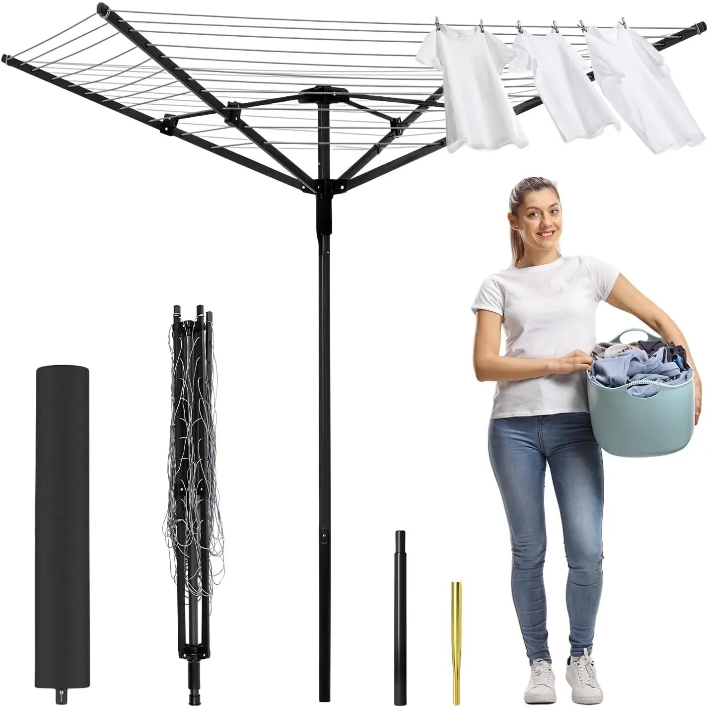 Outdoor Umbrella Drying Rack 4-Aluminum Arms Folding Rotary Dryer with 12 Lines 165 ft Drying Space Adjustable Height Clothesline w/Waterproof Cover & Ground Spike for Garden Backyard Black