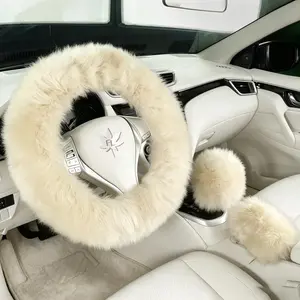 Fuzzy Genuine Sheepskin Steering Wheel Cover Set for Women Parents-uffy Soft Australian Merino  Wrap with Gear Shift and Hand  Covers, Cozy Stylish Luxury  Accessories (Linen Color)