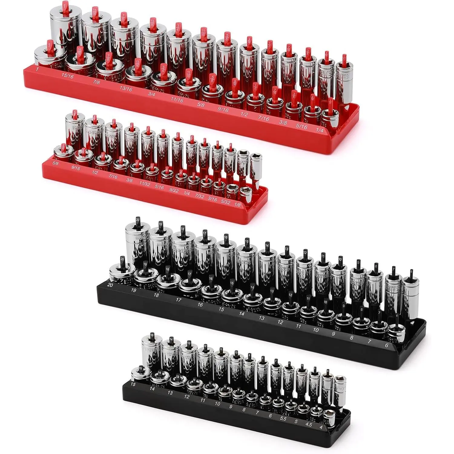 1/4-Inch Drive Socket Organizer Trays, 2- SAE and Metric Socket Tray Set, Deep and Standard Socket Holders Organizers for Toolbox, Black & Red