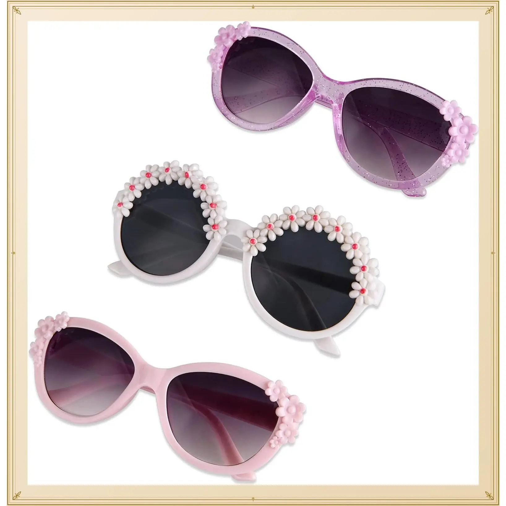 3-Pairs Kids Sunglasses for Girls Ages 3-10, Cute Flower Frame Cartoon UV400 Glasses, Toddler Gift SetGift
