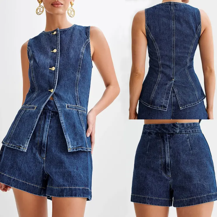 Jeans suit for women, stylish and casual, sleeveless and high-waisted, with jeans shorts.