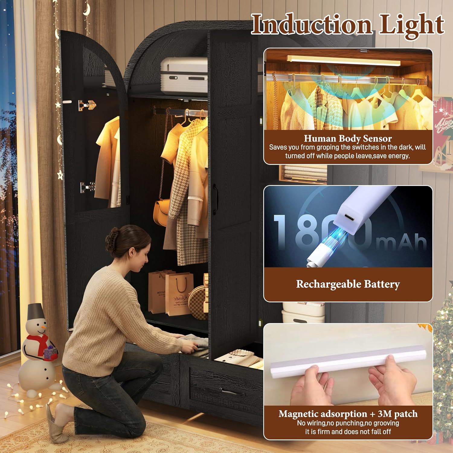 3 Doors Armoire Wardrobe Closet with Mirror and Lights, 71" Farmhouse Arched Wooden Wardrobe Cabinet with 2 Drawers,Hanging Rod, Clothing Storage Closet Cabinet for Bedroom,Light Rustic Oak/Black 3 Doors Armoire Wardrobe Closet with Mirror and Lights, 71" Farmhouse Arched Wooden Wardrobe Cabinet with 2 Drawers,Hanging Rod, Clothing Storage Closet Cabinet for Bedroom,Light Rustic Oak/Black