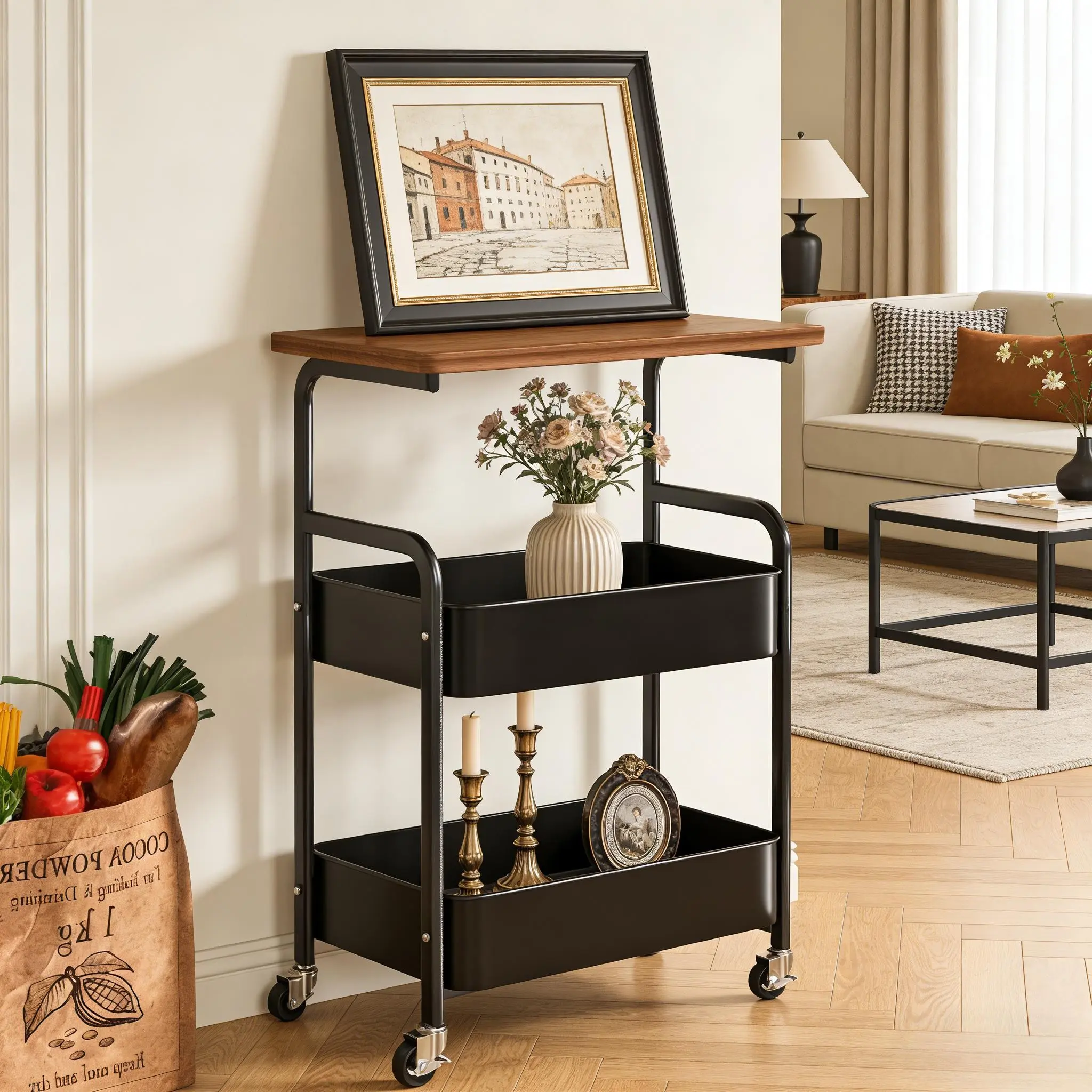 Three-Tier Movable Shelf with Desktop, Multi-Functional Rolling Office Storage Rack, Multi-Layer Organizer Cart for Bedroom, Bathroom, Living Room, Kitchen