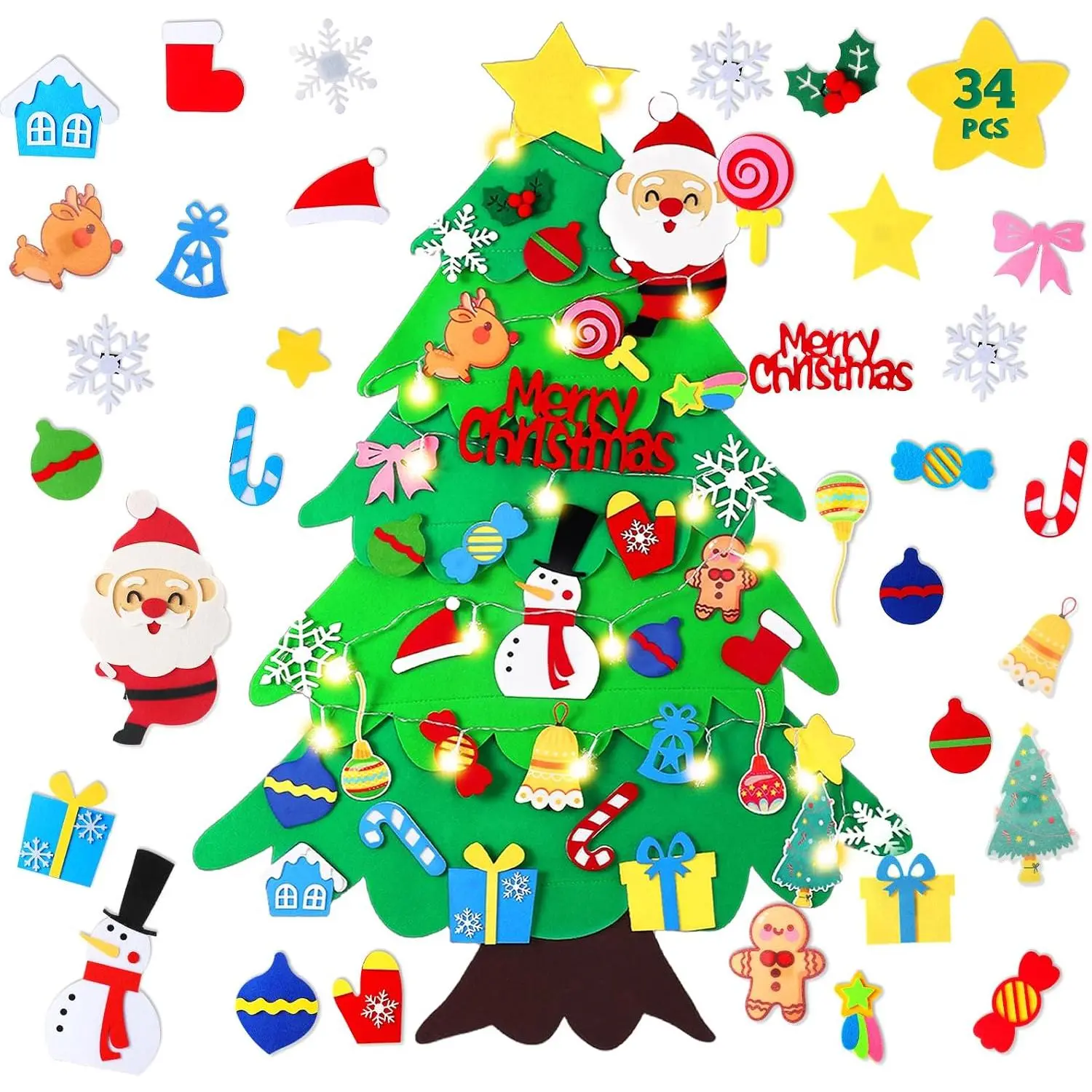 Felt Christmas Tree for  - 3.12 FT Wall Felt Christmas Tree for  with Lights and 34 count Ornaments, DIY Xmas Gifts for Christmas Decorations