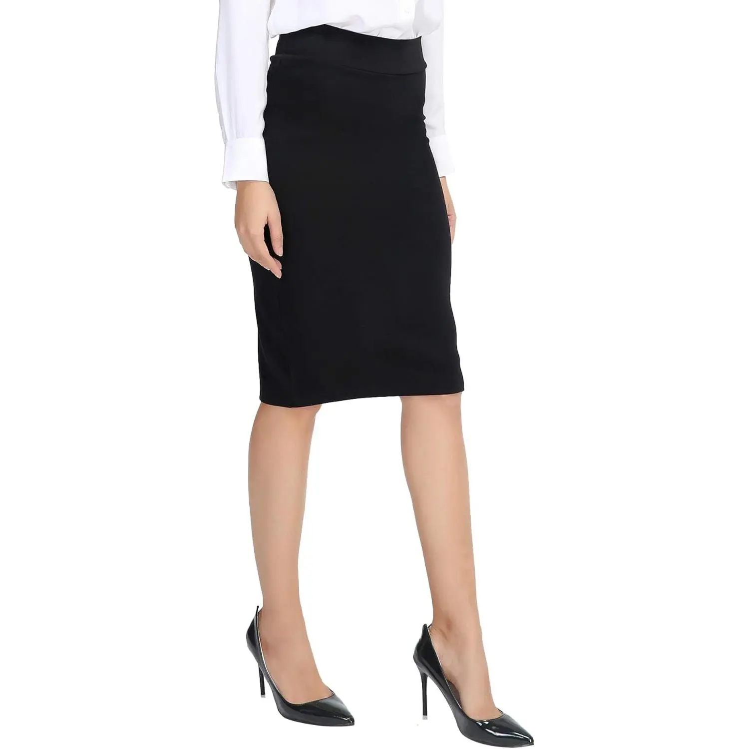 Women's High-Waist Soft Fitted Slimming Cut Stretch Fabric Midi Length Elegant Bodycon Pencil Skirt for Chic Work Wear Bottom