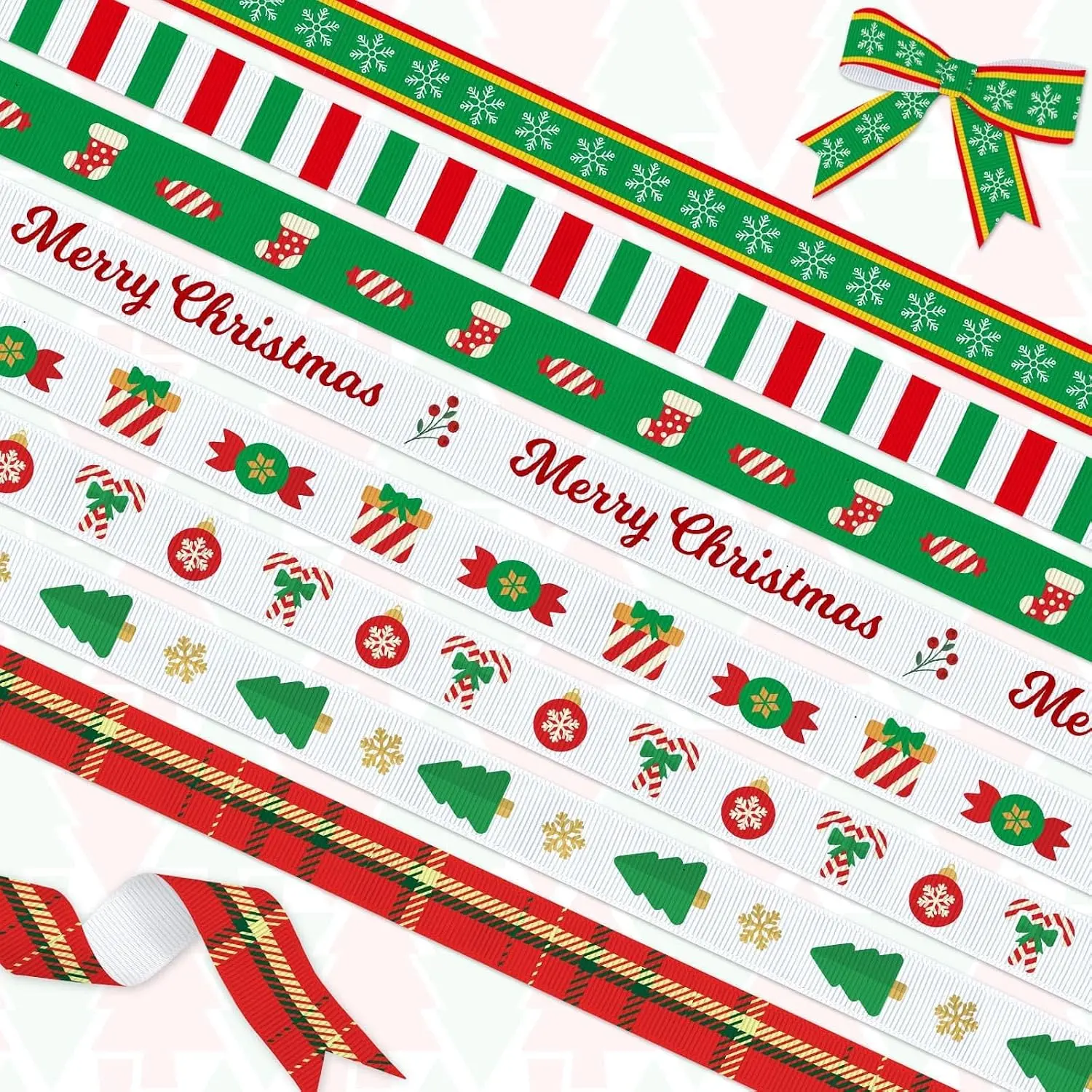 8 Pcs Christmas Ribbon Set, Snowflakes Candy Tree Ribbons, 24 Yards Total - 3/8" Holiday Ribbon for Gift Wrapping, Tree Decor, Crafts, Polyester Xmas Trim for DIY Projects, Party Decoration