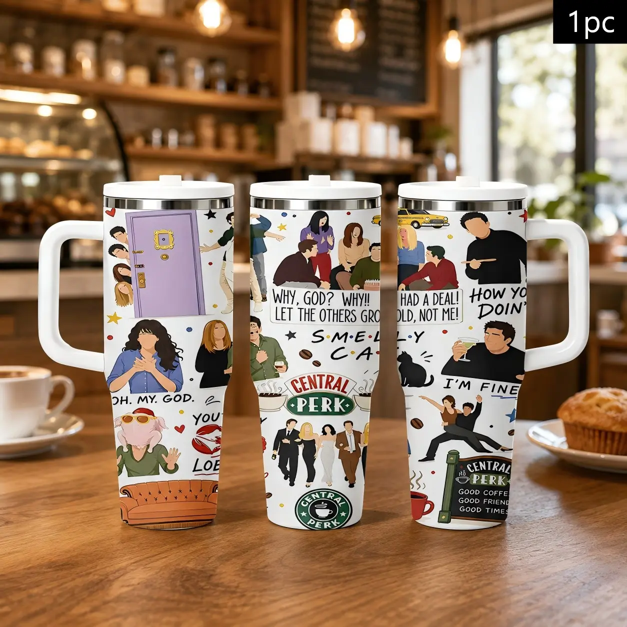 1PC 40oz Retro Sitcom Friends Coffee Shop Quote Pattern Insulated Tumbler with Handle, Leak-Proof Lid, Double Wall Vacuum Stainless Steel Travel Mug, Hot 12H Cold 24H, Large Capacity Cup for Men and Women, Friendship Gift