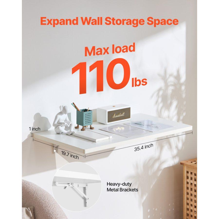 VEVOR Wall Mounted Folding Table, 35.4x 19.7 inches Wall Mount Table, Floating Desk with Iron Bracket, Fold Down Desk for Small Spaces, Home Office, Dining, Laundry Room, Kitchen, Bar, White