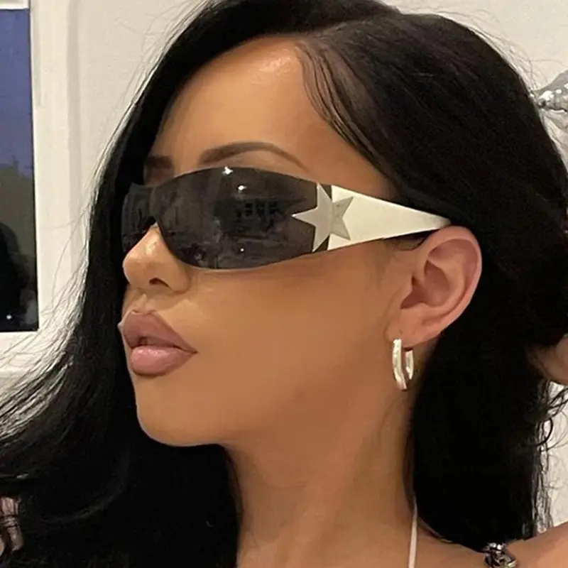 Retro Y2K Rimless One-Piece Aviator Sun Glasses with Star Ornament for Adult Women, UV Protective Novelty Eyewear, Versatile Fashion Accessory for Vacation, Festival and Casual Sunny Outfits