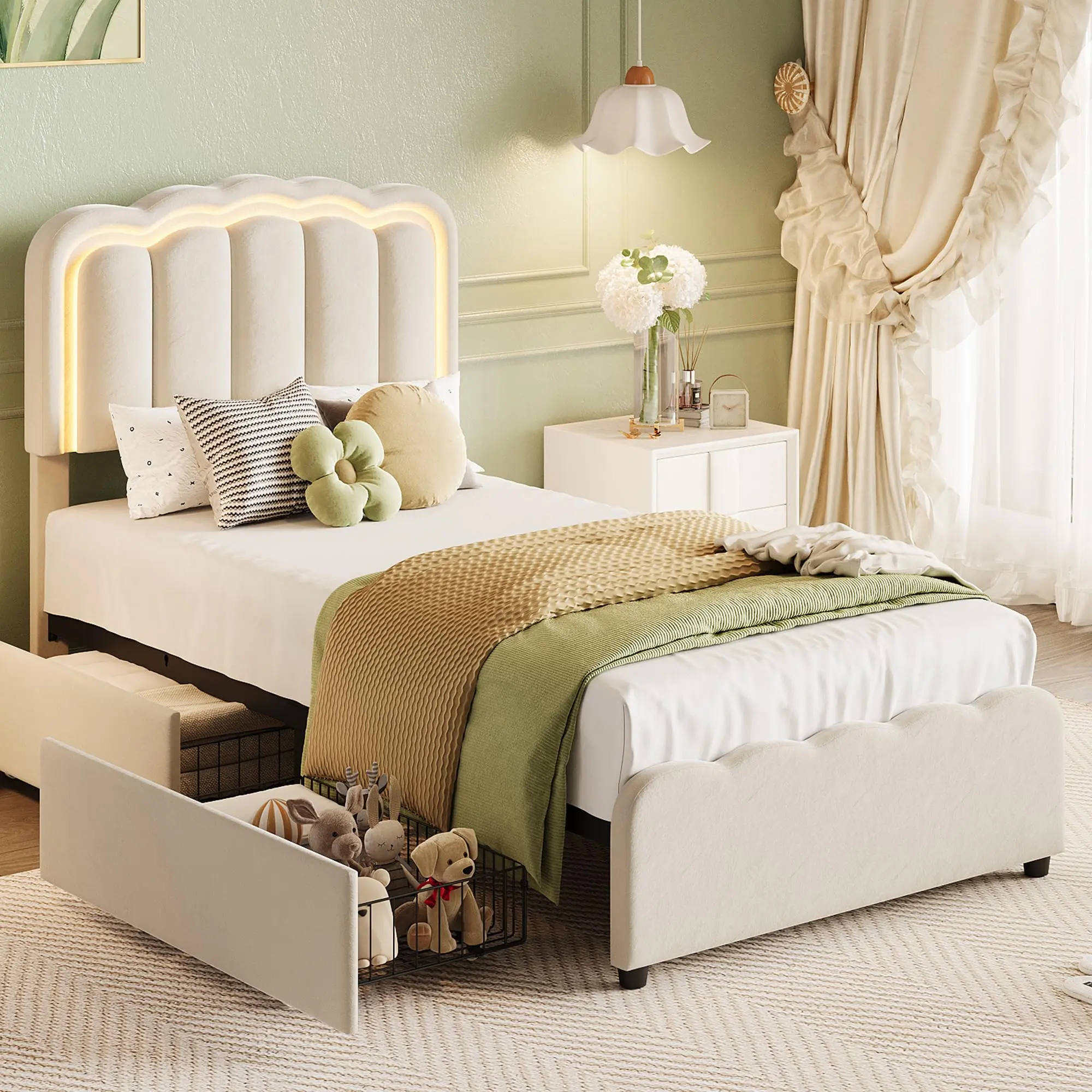 Upholstered Platform Bed Frame with Storage Drawers - Twin/Full/Queen Size, 2 Drawers, Built-in LED Lights, Adjustable Headboard, Wooden Slats Support, No Box Spring Needed, Easy Assembly, Bedframe With Storage Drawers, Full Size Bed