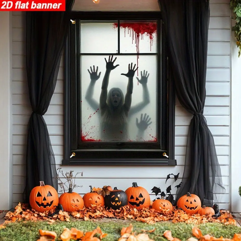 Horror Zombie Halloween Window Banner Set | 2PC 2D Window Flag Banner, Single-Sided Polyester, Metal Grommets for Easy Hanging