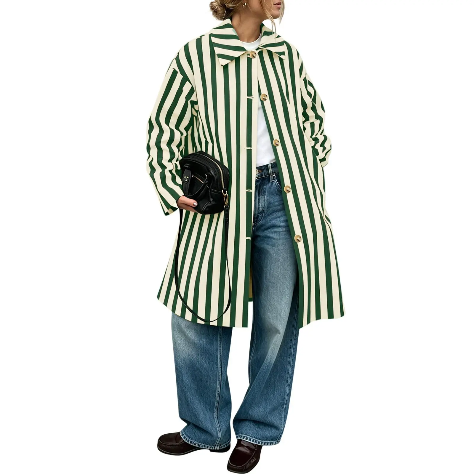 Tankaneo Women's Lightweight Loose Striped Collared Neck Trench Coat - Fashion Valentines Day Fall Button-Down Long Sleeve Outerwear with Color-Sorted Wash Compatibility