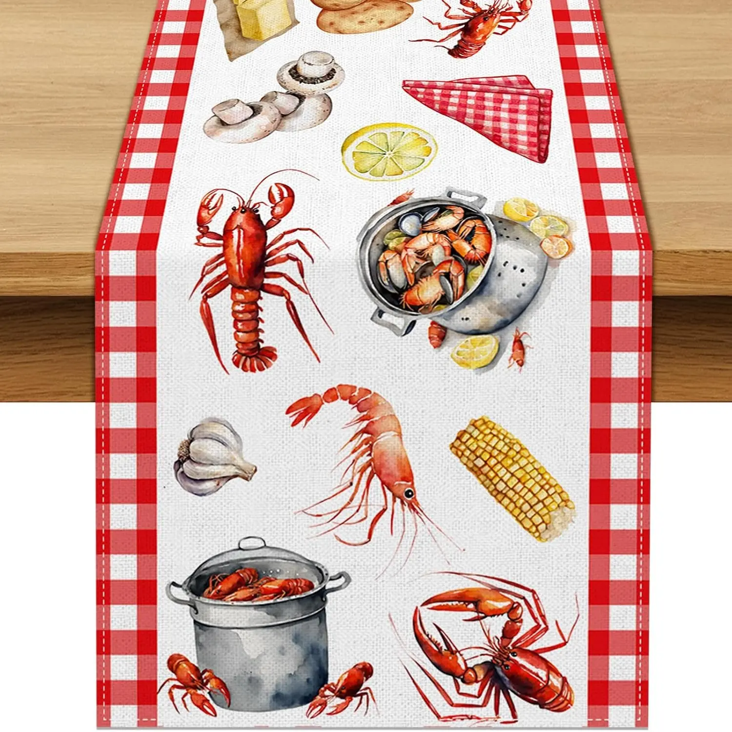 Crawfish Boil Table Runner Buffalo Check Lobster Crab Seafood Boil Themed Birthday Party Decoration Dining Room Home Kitchen Decor (13" x 72")