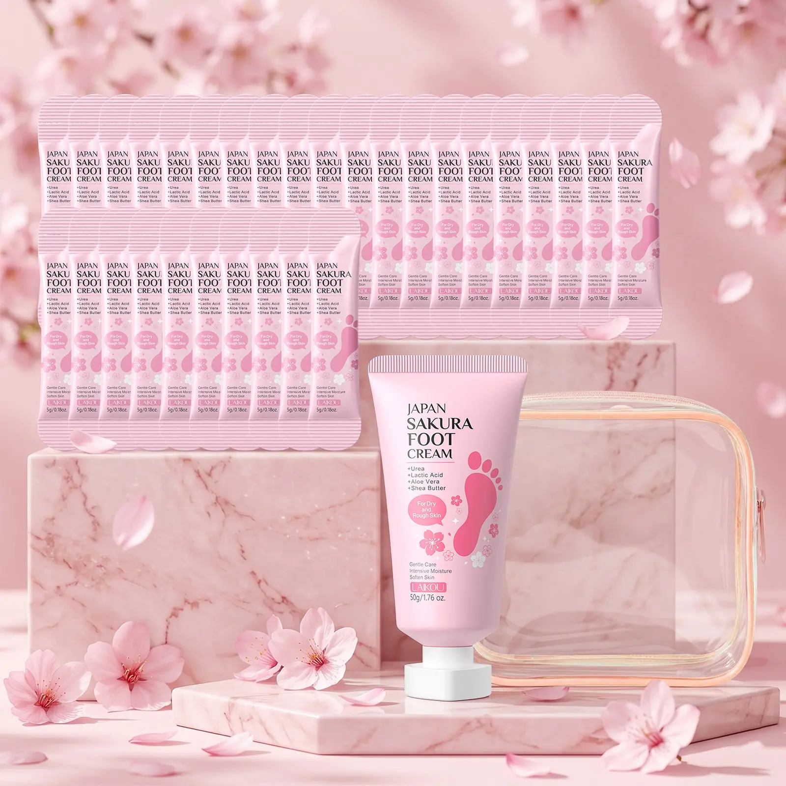 Sakura Foot Cream for Dry Cracked Heels Feet Treatment, Softening Foot Lotion with Aloe Vera & Shea Butter, No-Scrub Exfoliator and Moisturizer for Healthy Feet, Travel Size Lotion