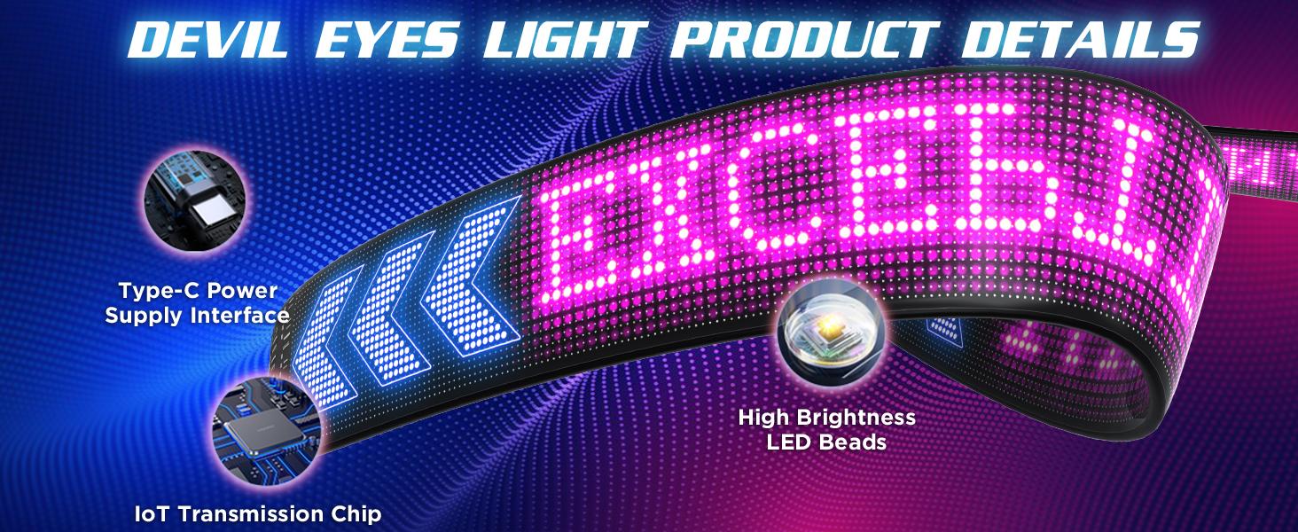 Devil Eyes 2PCS 19x4 Inch Flexible LED Windshield Screen, Programmable USB Matrix Panel with App and Remote Control, Custom Sign Display, IP65 Waterproof for Cars SUVs Trucks