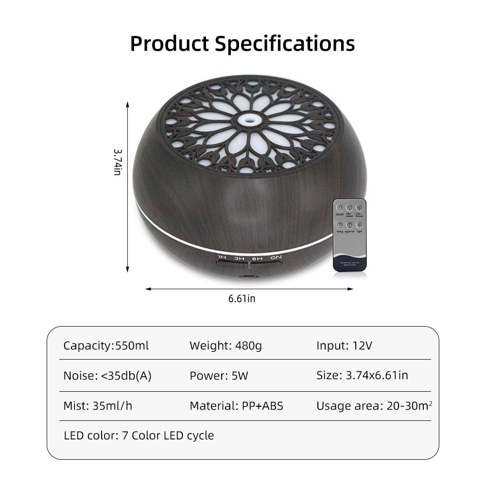 550ml Large-Capacity Essential Oil Diffuser | Remote Control + 6 Essential Oil Blends Included | 7-Color LED Lights & Auto Shut-Off | Ideal for Home, Office and Spa
